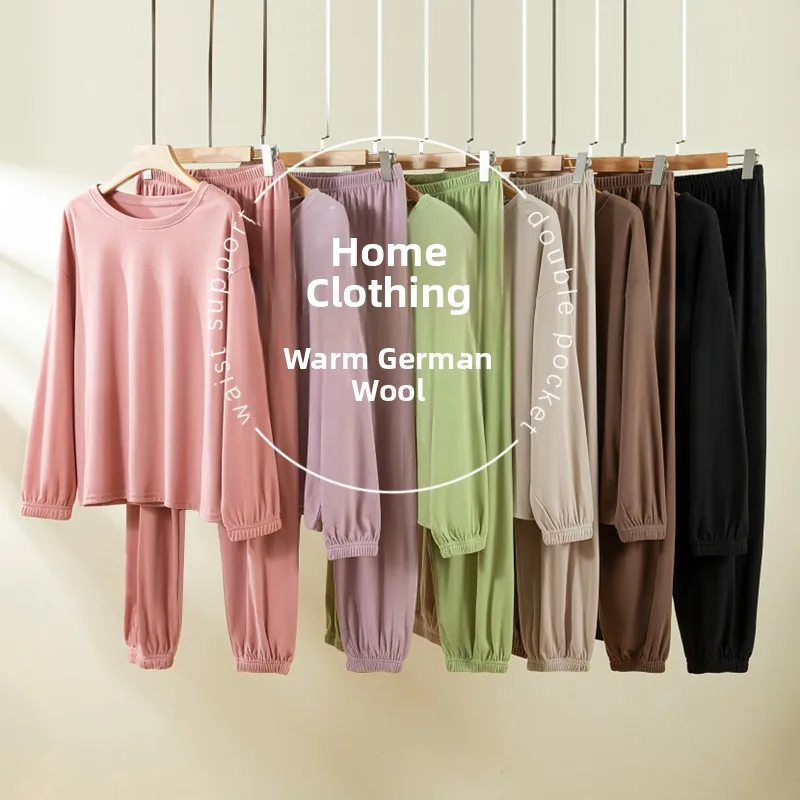 Women\'s Thermal Thiened Fce Pajamas Set Long Sve Loose Home Clothes Outwear Autumn Winter Warm Plu Two Peças Set