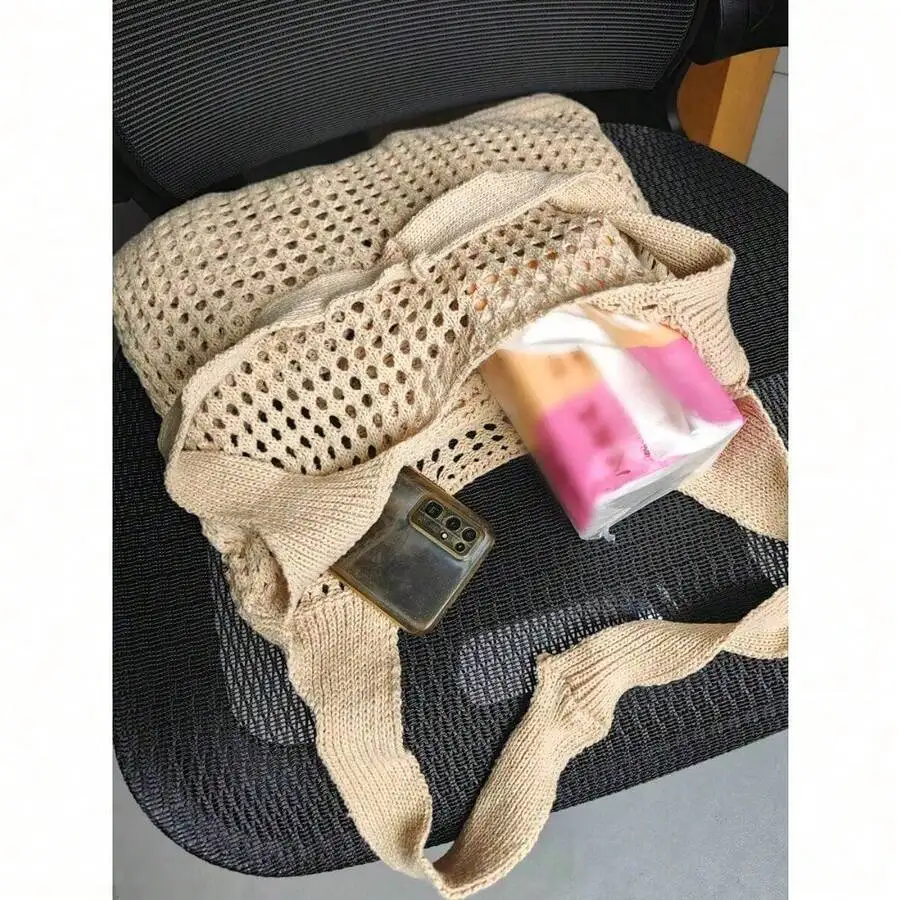 

Women Knitted Hollow Out Tote Bag Vintage Casual Shoulder Bag Large Capacity Beach Bag