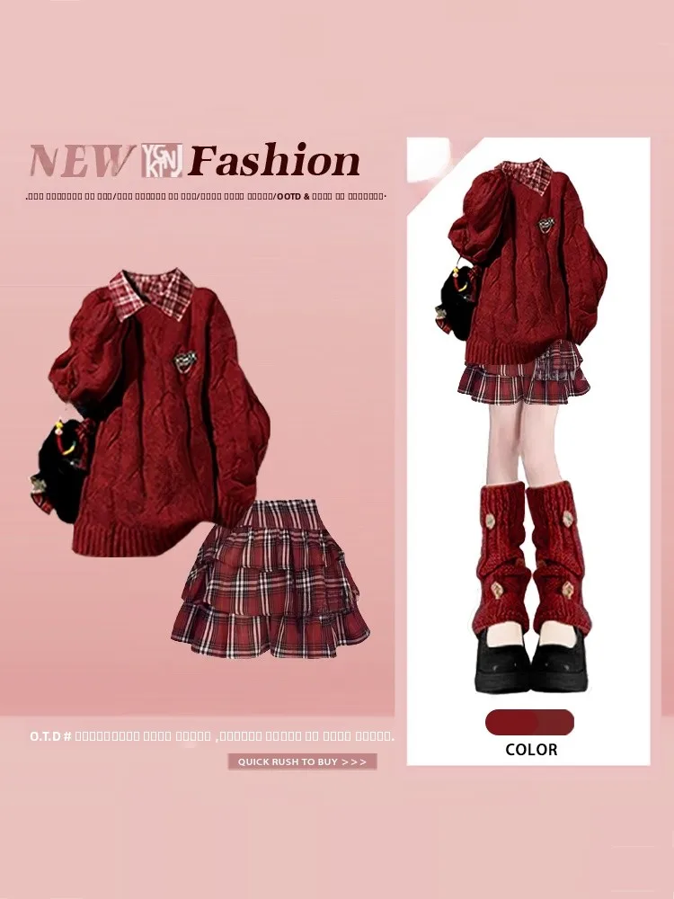 

Красный вязаный свитер и юбка в клетку, комплект для женщин, зимний новогодний наряд, юбка с высокой талией, длинный свитер, студенческий стиль, элегантный ансамбль