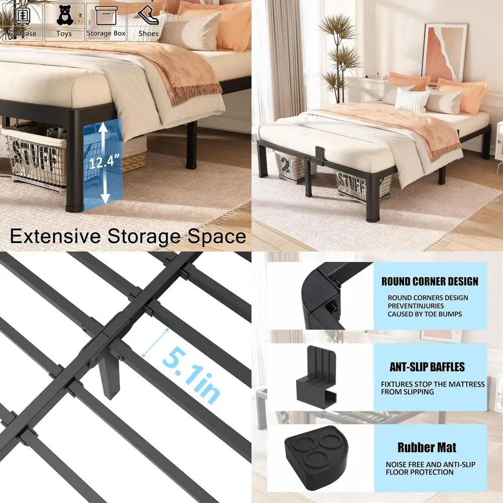14 Heavy-Duty Metal Platform Bed with Round Edge Legs, 3500 lbs Capacity, No Box Spring, Non-Slip, Steel Slat Support, Quiet