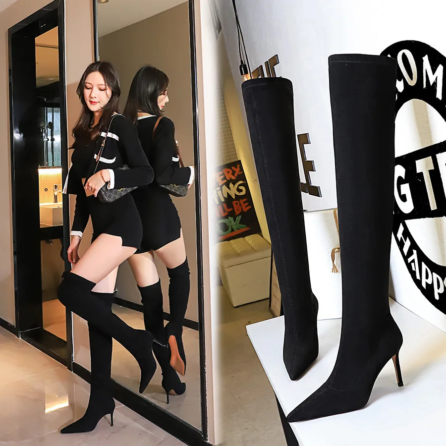 fashion Winter Fashion Simple Slim High-heeled Pointed Slender And Slimming Boots With Suede Over Knee Women Pumps Ladies Shoes