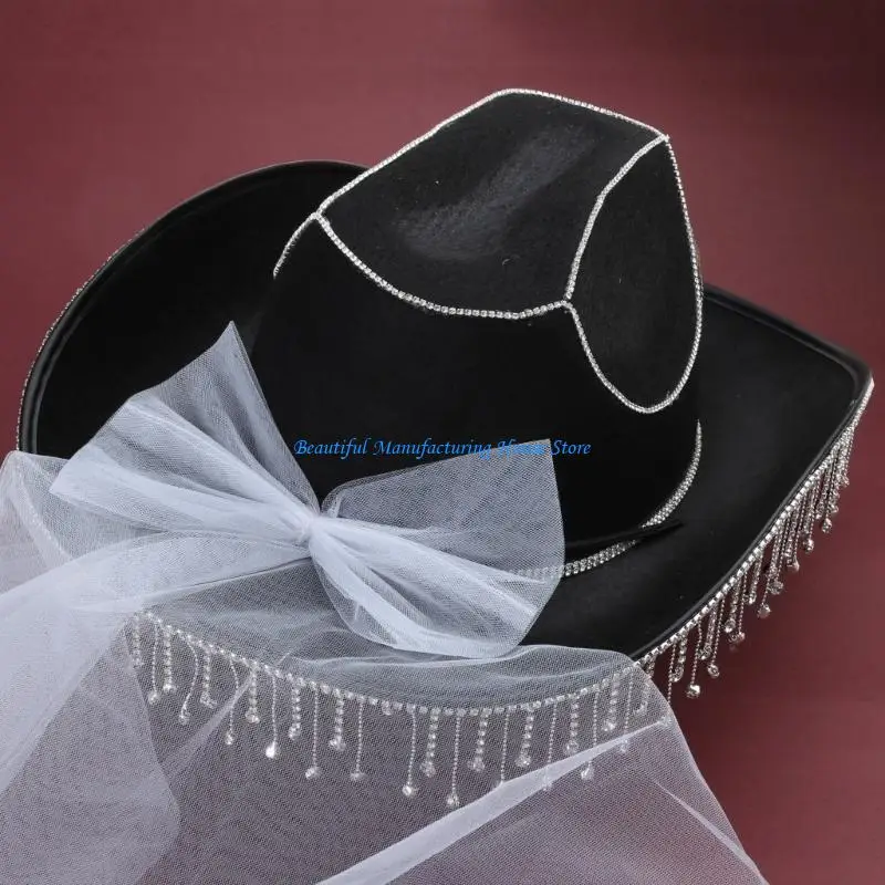 E56A Bridal Cowboy Hat with Veil Rhinestones Fringe Bachelorette Party Wedding Cowboy Hat Decorations Bride to be Accessory