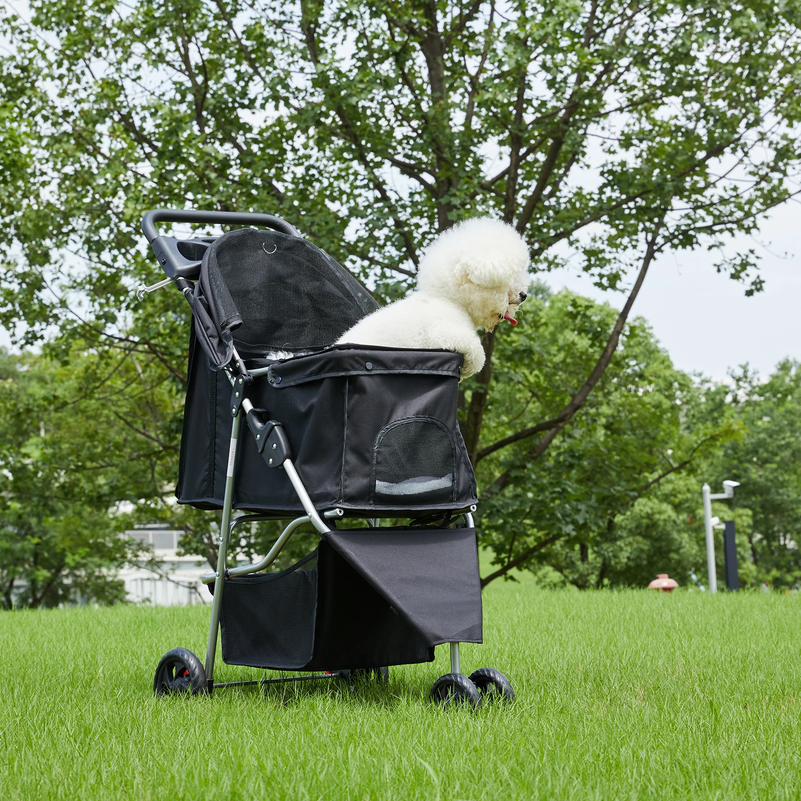 JHK 3 Wheels Foldable Pet Stroller for Small Dogs and Cats Stroller with Mesh Windows Storage Basket Cup Holder for Outdoor Use view 4