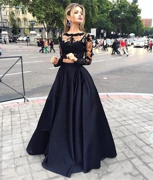 

ANGELSBRIDEP 2 Pieces Black Evening Party Gowns Long Sleeves Abendkleider Lace Applque Satin Formal Cinderella Prom Dress HOT