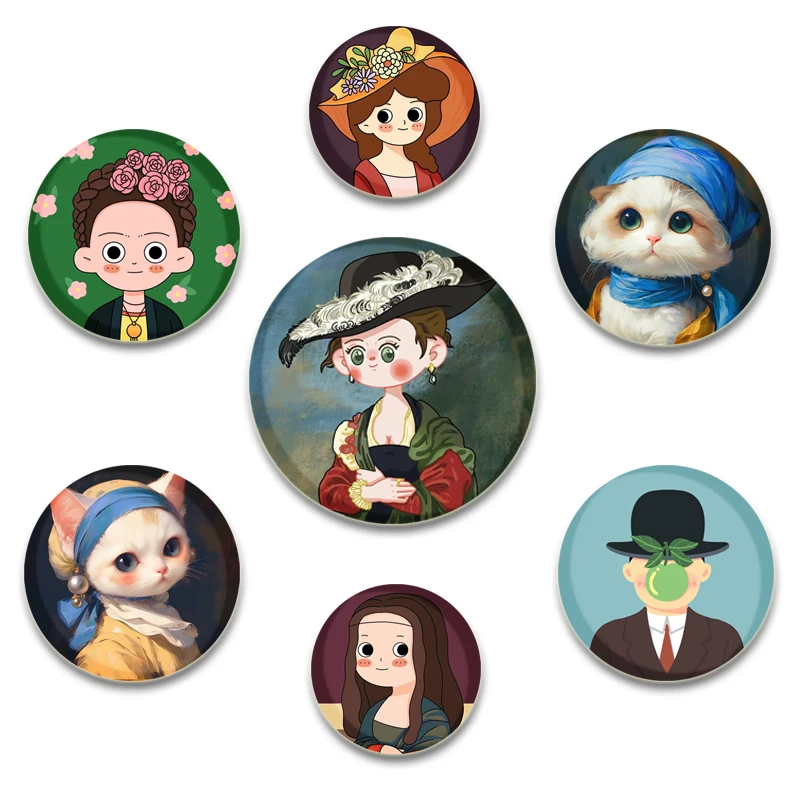 58/44/32MM Famous Painting Icon Badge Snap-in Pins Tinplate DIY Custom Cartoon Brooch for Clothes Hats Decoration