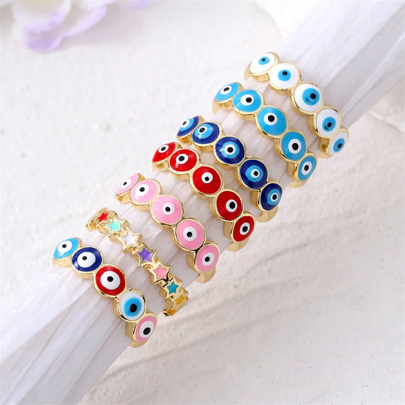 Trendy Boho Gold Color Blue Evil Eye Lucky Rings for Women Men Adjustable Opening Finger Ring Jewelry