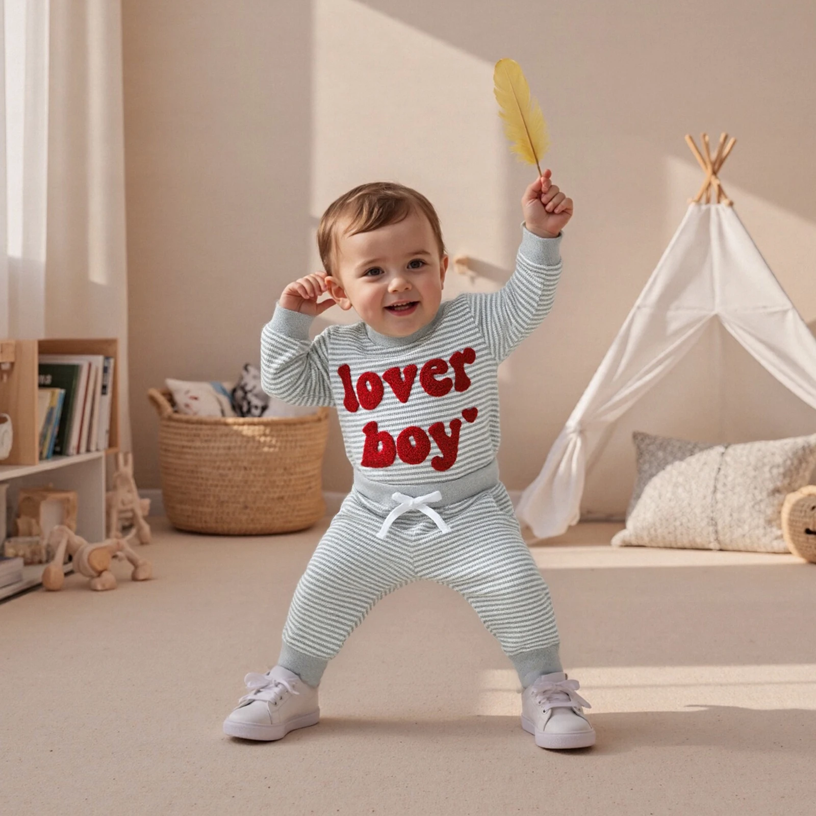 

Baby Boy's Striped Clothing Sets Fashionable Long Sleeve Letter Embroidery Romper with Pants 2Pcs Fall Outfits