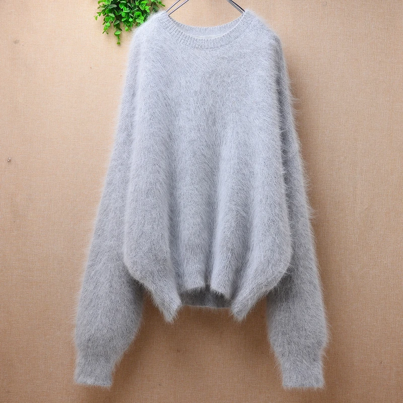 female women fashion fall winter clothing hairy mink cashmere knitted o-neck long batwing sleeves loose pullover angora sweater