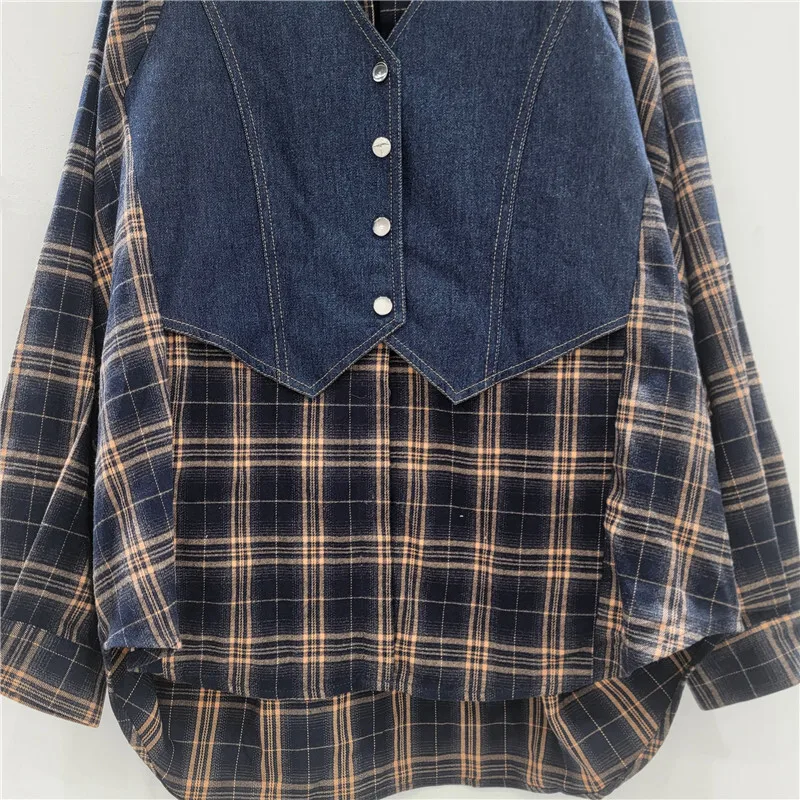 HKSH Autumn Winter New Women Shirt Fake Two-Piece Turn-Down Collar Long Sleeve Plaid Spliced Contrast Color Stylish Tops HK10042