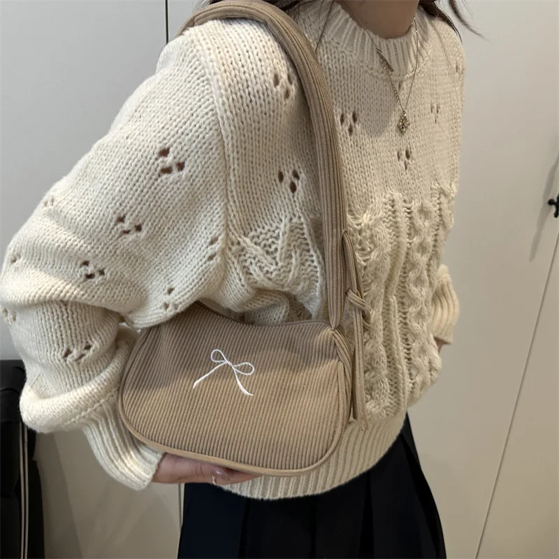 Corduroy Shoulder Bag with Bow, Ruched Drawstring Handbag, Vintage Y2K Purse for Women Daily Dating Travel Underarm Handbag view 3