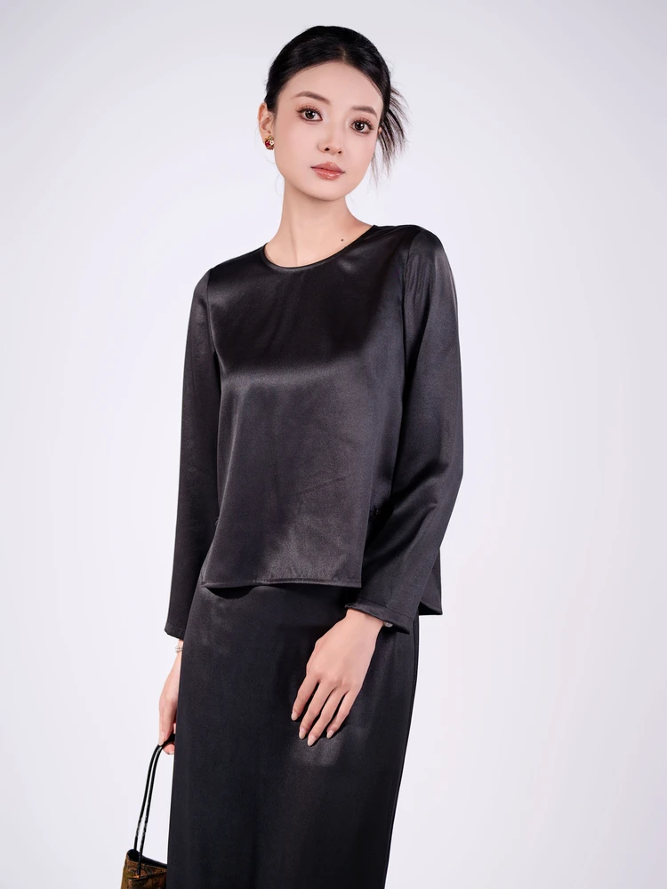 

Шелковый топ Yujia Fly Mendaile из сатина 40 момме, простой базовый слой, китайский стиль, круглый вырез, длинный рукав, женская модная одежда