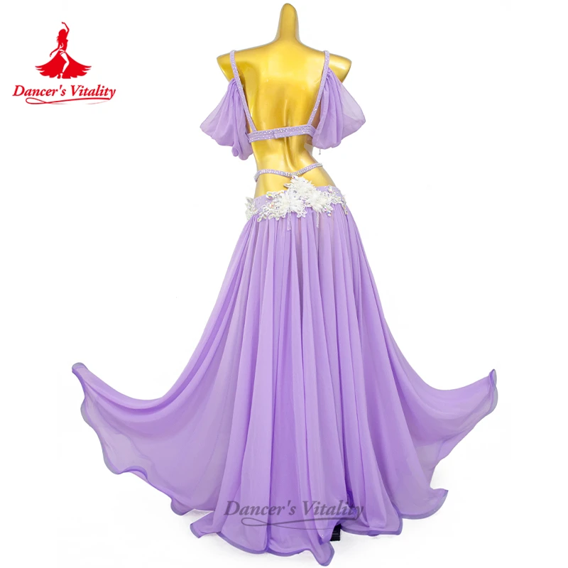 مجموعة أزياء الرقص الشرقي للنساء حمالة صدر فاخرة مرصعة بأحجار الراين + تنورة طويلة مثيرة مكونة من قطعتين ملابس أداء الرقص الشرقي الشرقي