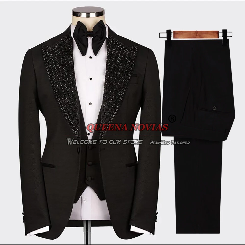 Formal Men Suits Groom Custom Tuxedo Tailor-Made Black Beaded Lapel Jacket Vest Pants 3 Pieces Wedding Banquet Prom Man Dress