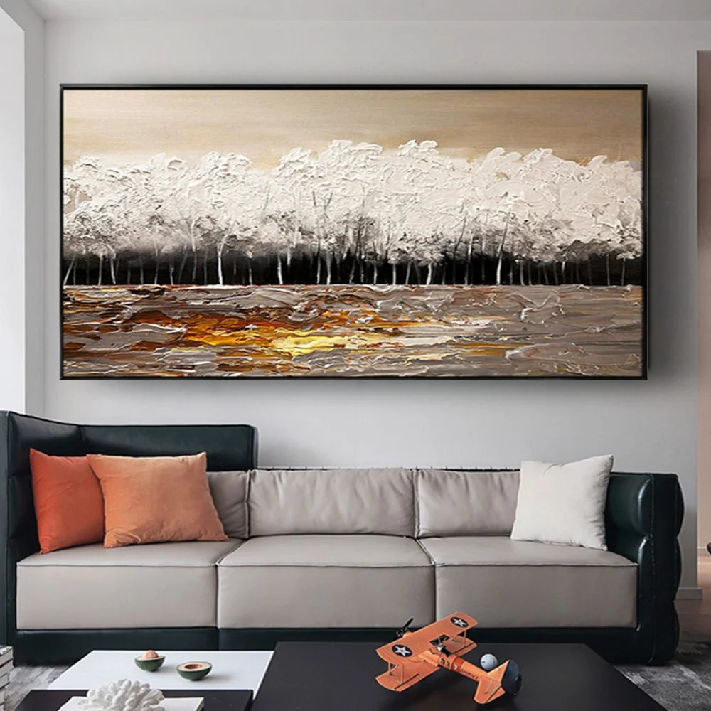 

HandPainted White Oil Painting Tree Picture Nature Abstract Wall Art Pictures Horizontal Panel Canvas Painting Decor Living Room