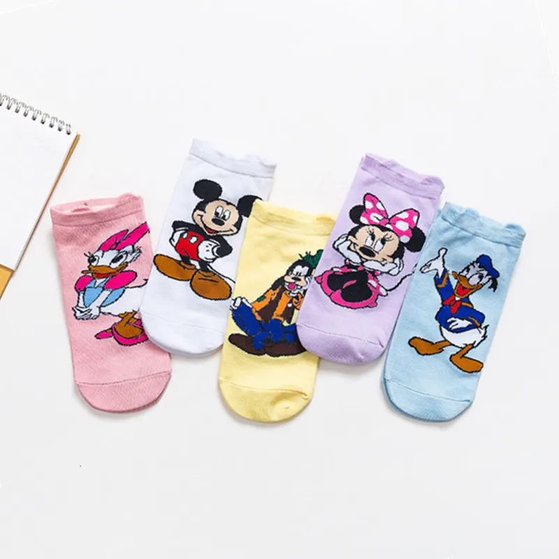 5 Pairs New Anime Disney Mickey Minnie Mouse Cotton Socks Kawaii Stitch Daisy Girl Donald Women Summer Boat Socks Gifts