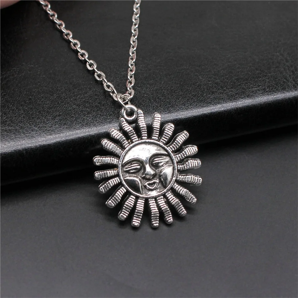 Fashion Simple Vintage Antique Silver Color 34x29mm Sun Pendant Necklace For Women