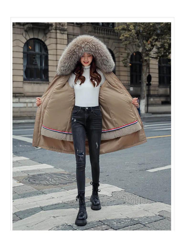 Women Hooded Parkas Coats Long Jackets Solid Detachable Big Fur Lenth Collar Zipper Drawstring Slim Fit Thick Casual 2025 Winter