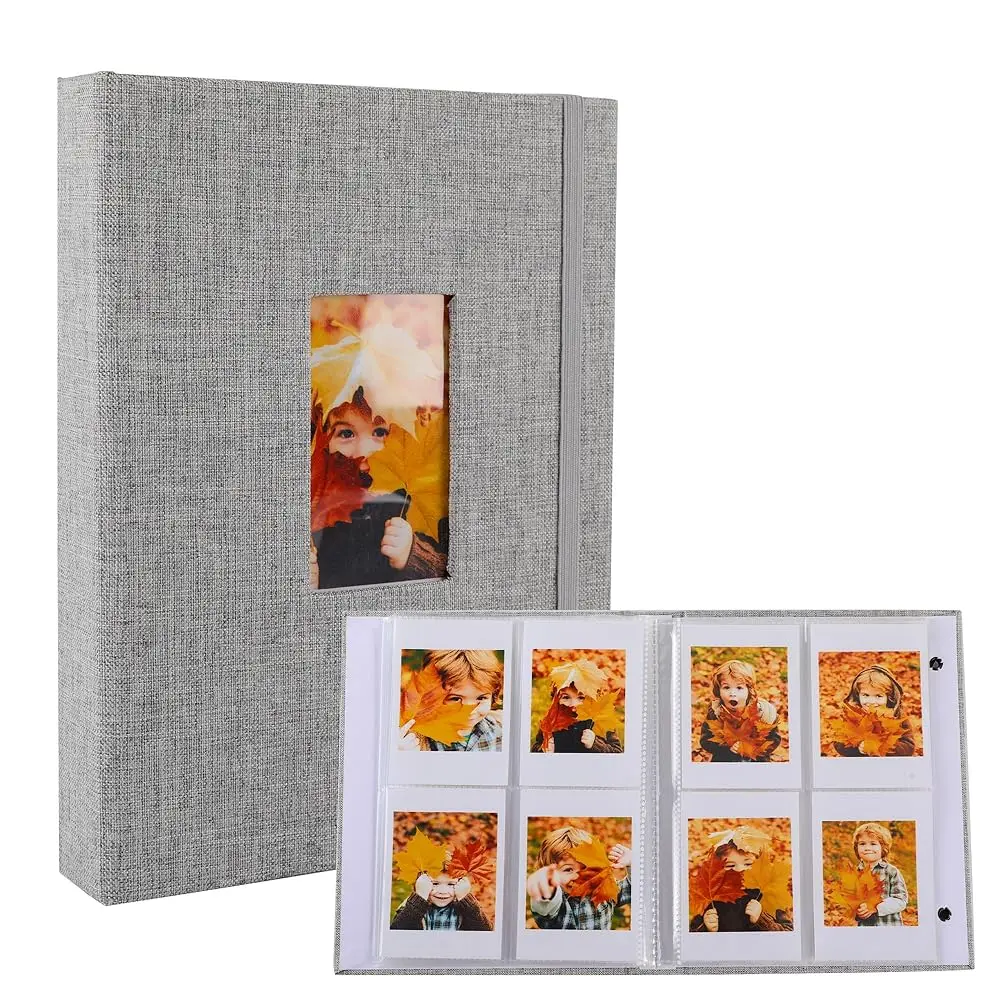 Álbum de Fotos Polaroid, Libro de Fotos Pequeño con Capacidad para 280 Fotos, Libro de Recuerdos Gris para Fotos de 2 × 3 Pulgadas, Álbum de Fotos con Cubierta de Lino