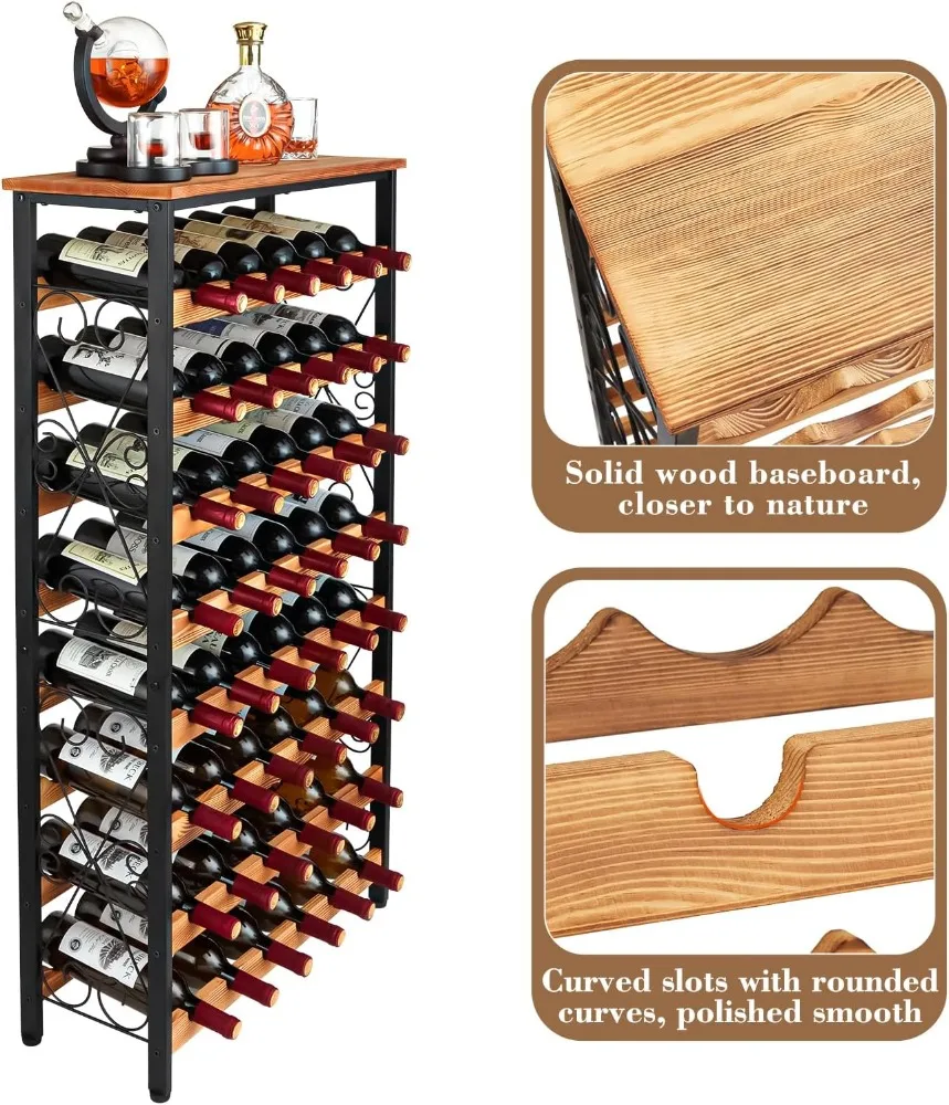 Pavimento Wine Rack com Top de Madeira, autônomo Vinho Garrafa Organizador, Wobble-Free Prateleira, 8 Tier Wine Display Storage, 48 Garrafas