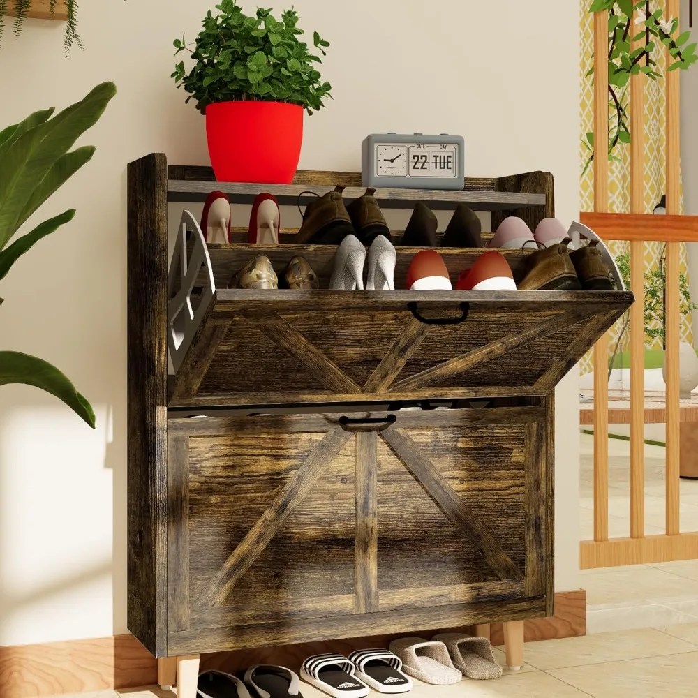 Farmhouse Freestanding Shoe Cabinet Storage - Narrow Organizer with 2 Flip Drawers & 4 Wooden Feet for Entryway