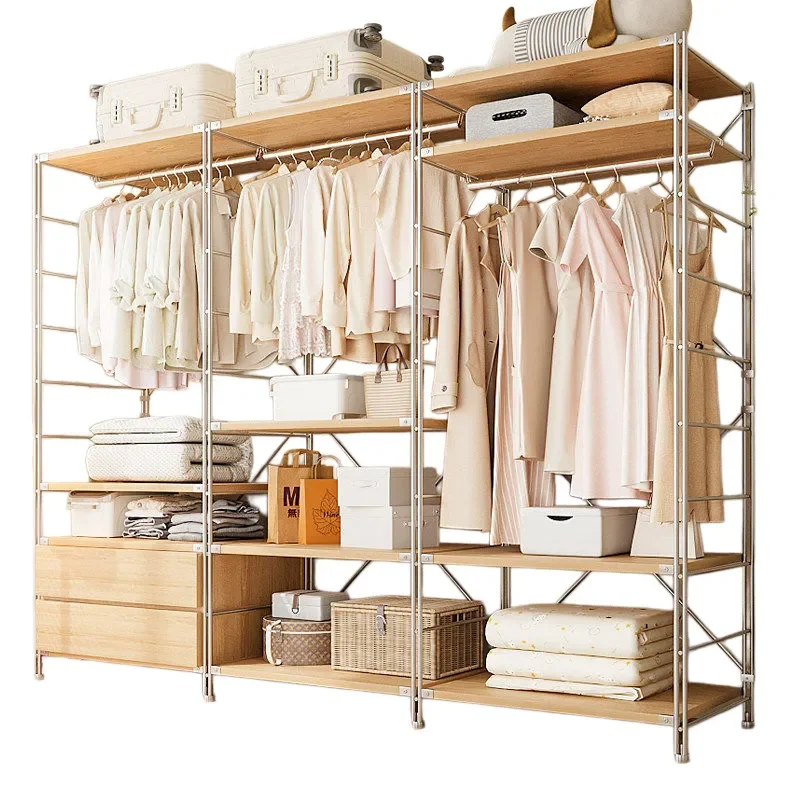 Japanese Style Floor to Ceiling Coat Rack Open Wardrobe with Shelf for Bedroom Walk in Closet Clothes Storage Organizer