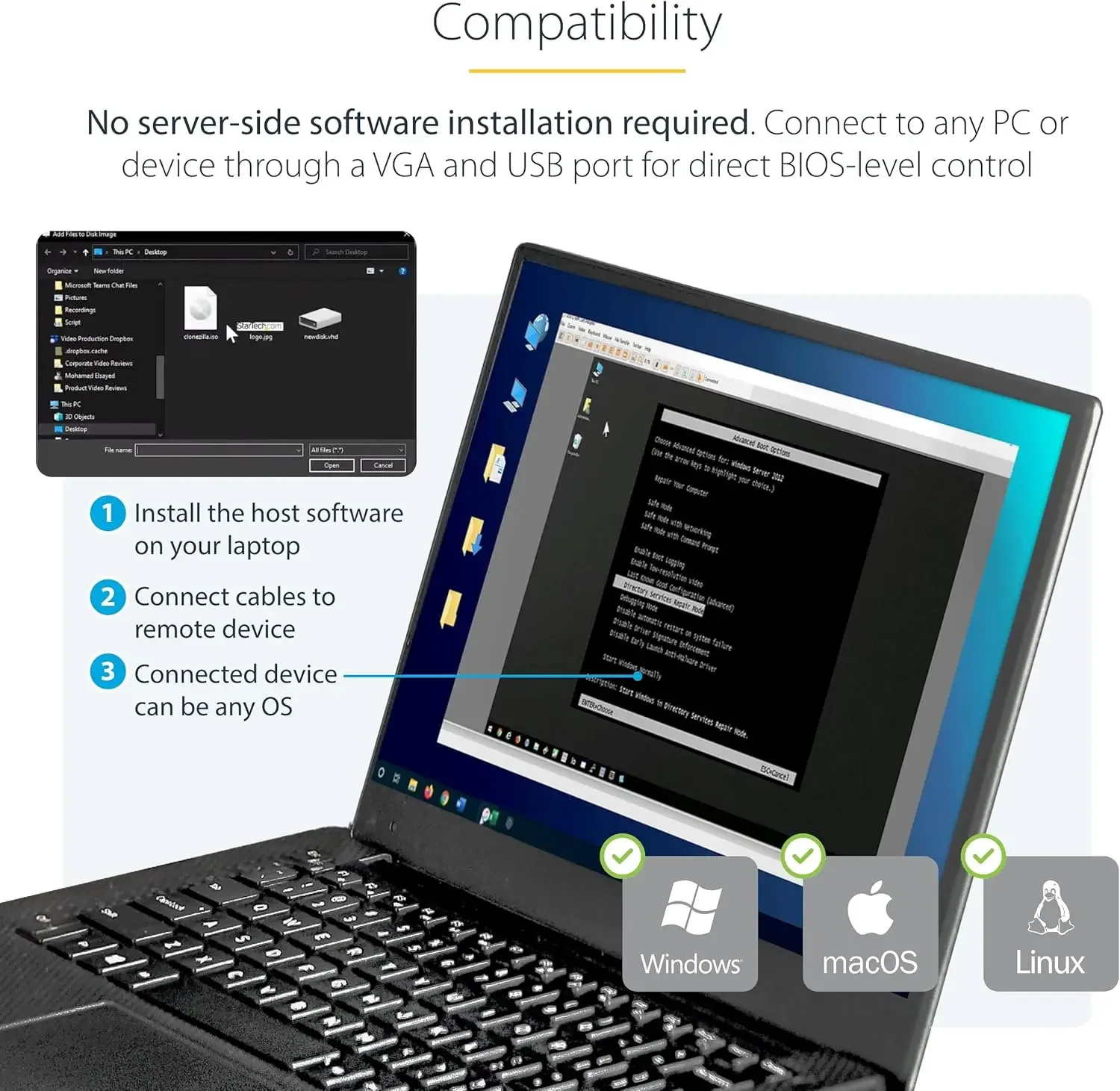 StarTech.com محول عربة تحطم الكمبيوتر المحمول المحمول لإدارة الخادم، وحدة تحكم USB/VGA KVM، Windows/Linux/MacOS - TAA
