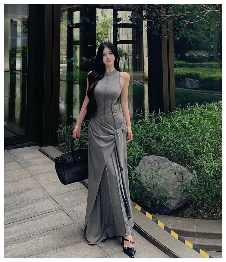 Coreano estate viola girocollo fasciatura gilet abito lungo donna nero grigio senza maniche festival abito avvolgente sottile abito casual nuovo