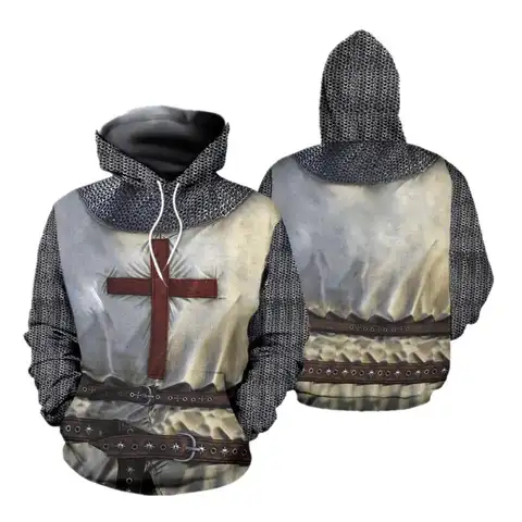Knights Templar Armor 후드 재킷 Crusader Cross 중세 Sweathsirt 풀오버 전체 인쇄 3D 남성용 까마귀 Tracksuit Carnival
