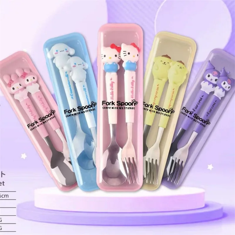 New Anime Sanrio Hello Kitty Kuromi Cinnamoroll Spoon Fork Kawaii Two-piece Tableware Set Portable Cute Dining Out Dining Spoon