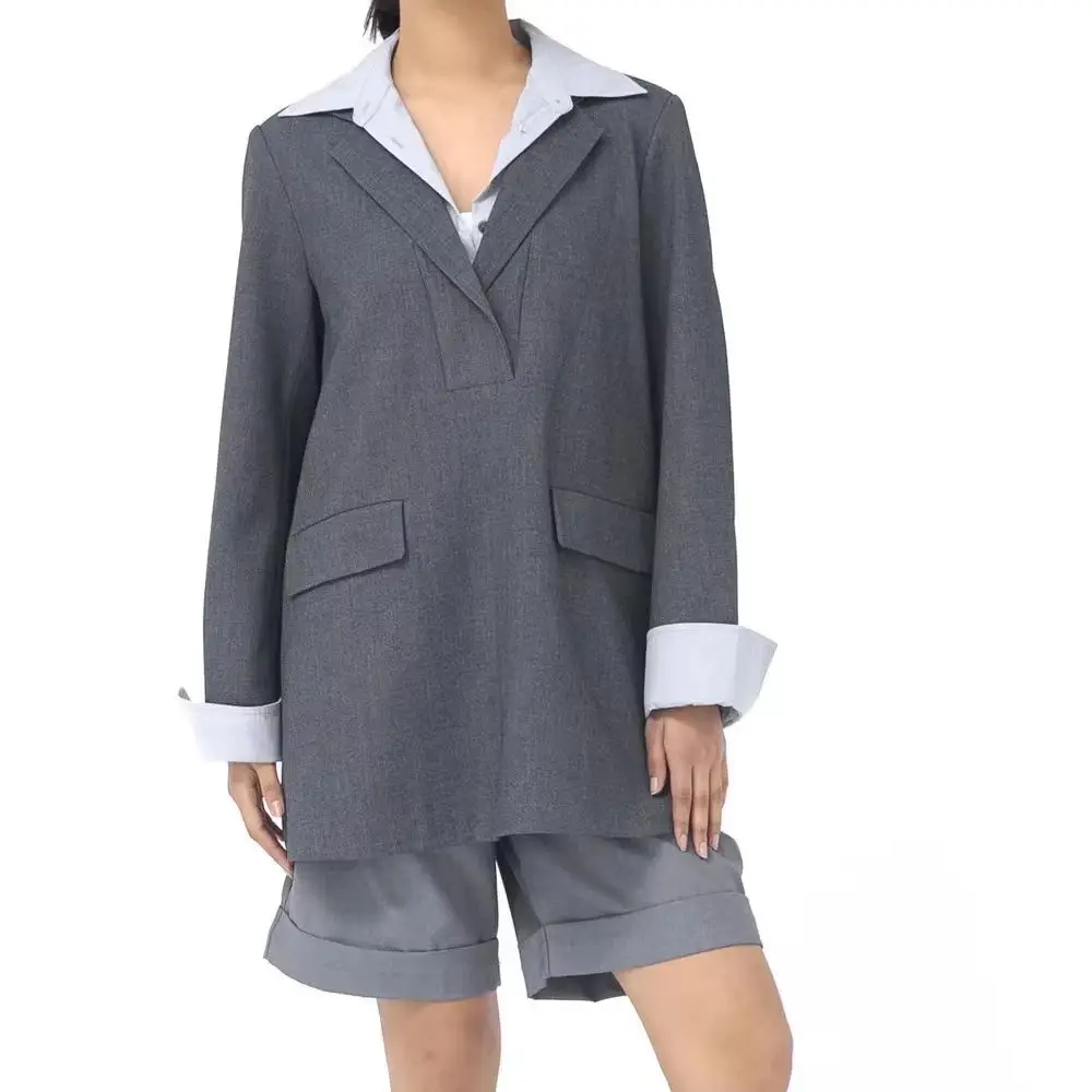 

Women's Patchwork Color Blazer Coat Stylish Double Layered Collar Loose-Fit Casual Hooded Jacket