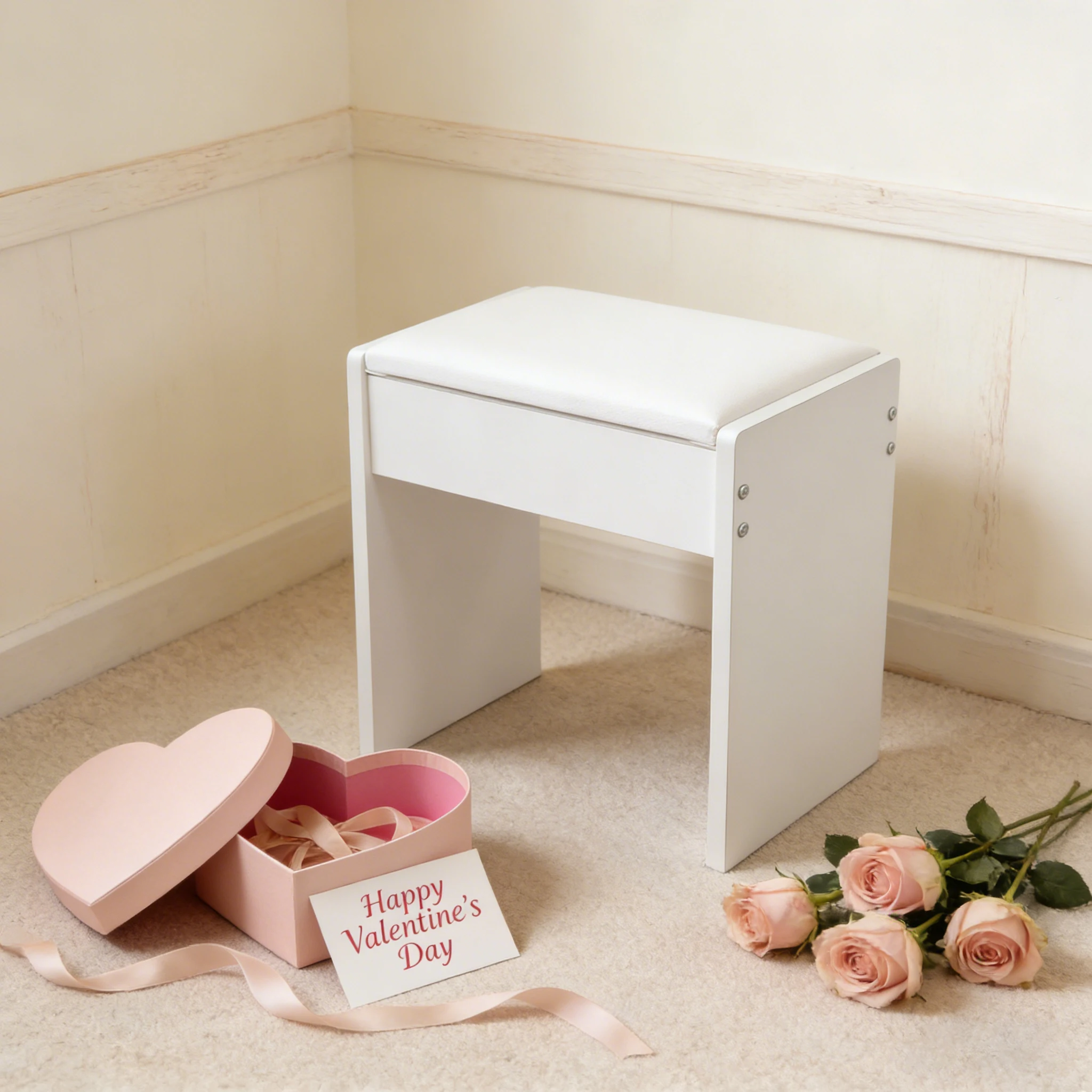 

Минималистичный белый табурет для туалетного столика с мягкой подушкой, также может использоваться как подставка для переобувания.