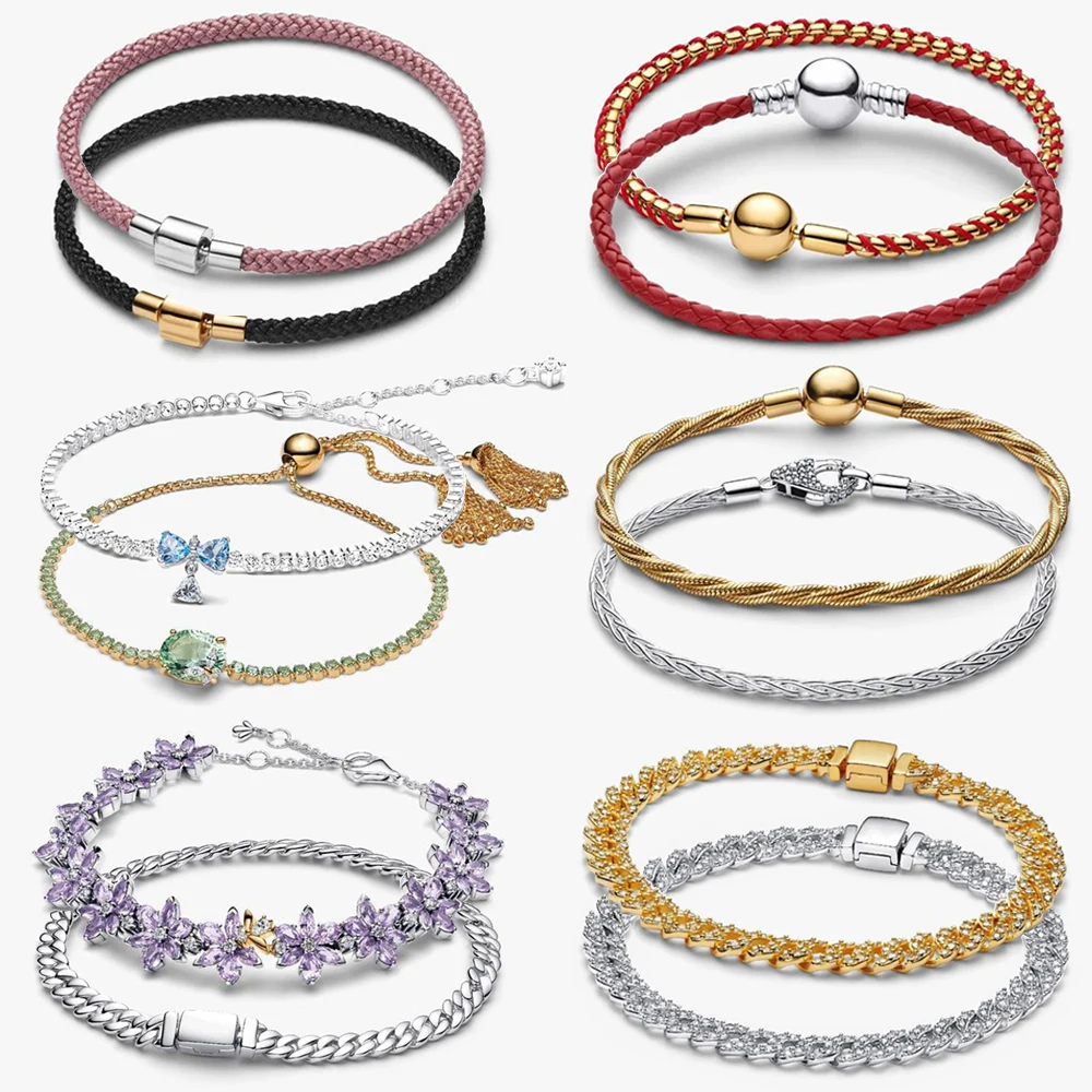 

2026 New 925 Silver Love Heart Storybook Purple Flower Plant Bee Specimen Sliding Tennis Bracelet DIY Exquisite Charm Jewelry