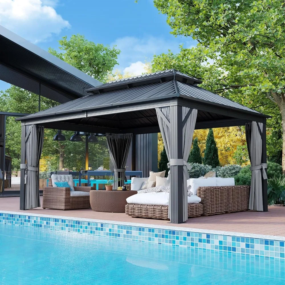 12FT X 16FT Hardtop Gazebo,Outdoor Pergolas with Mosquito Netting ,Galvanized Steel Double Roof Permanent Aluminum Gazebo