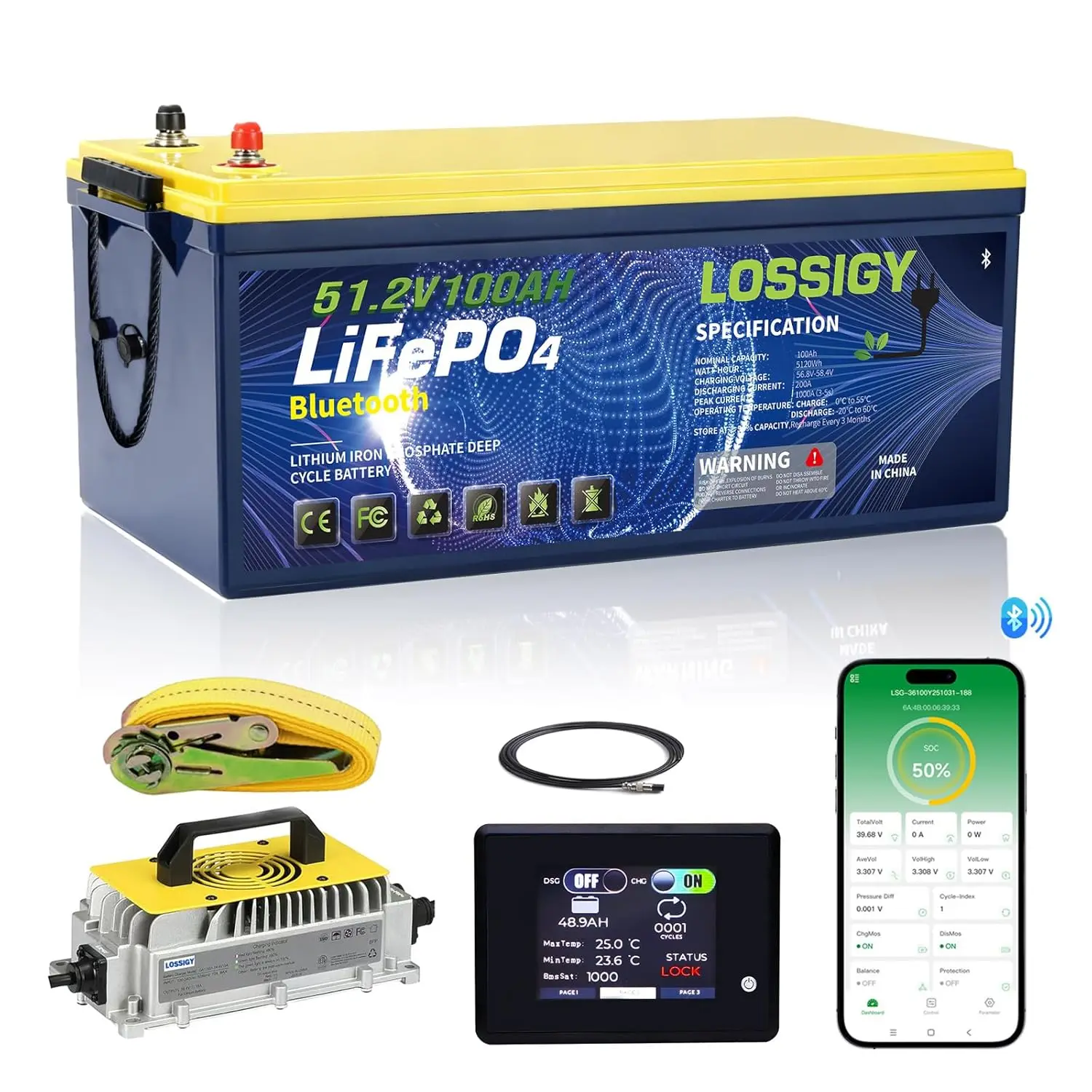 

48V Lithium Golf Cart Battery Kit with Charger LCD 200A Bluetooth BMS Peak 1000A for Cart RV Solar, Custom