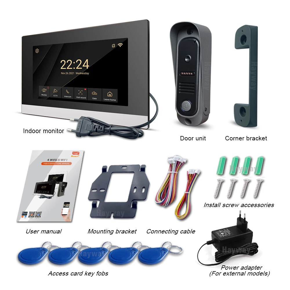 Wireless Wifi TUYA Video Intercom System, 1080P Doorphone Doorbell, 7 Inch IPS Touch Screen, ID card unlocking, motion detection