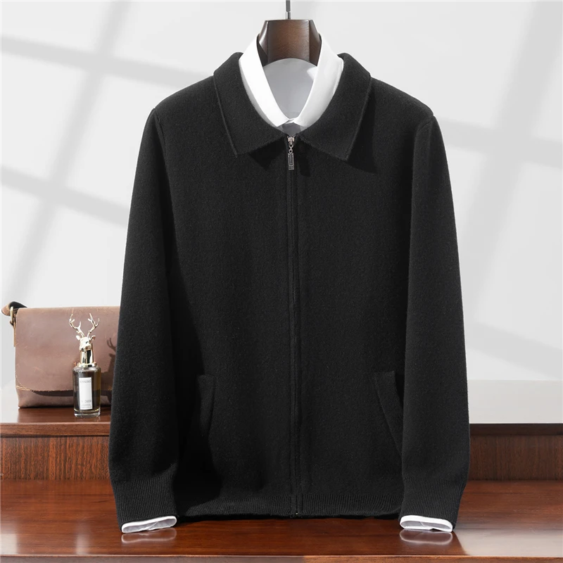 100% Pure Wool Zipper Cardigan Men's Turn-Down Collar Knitted Jacket with Pockets Loose Thickened Warm Sweater Jacket