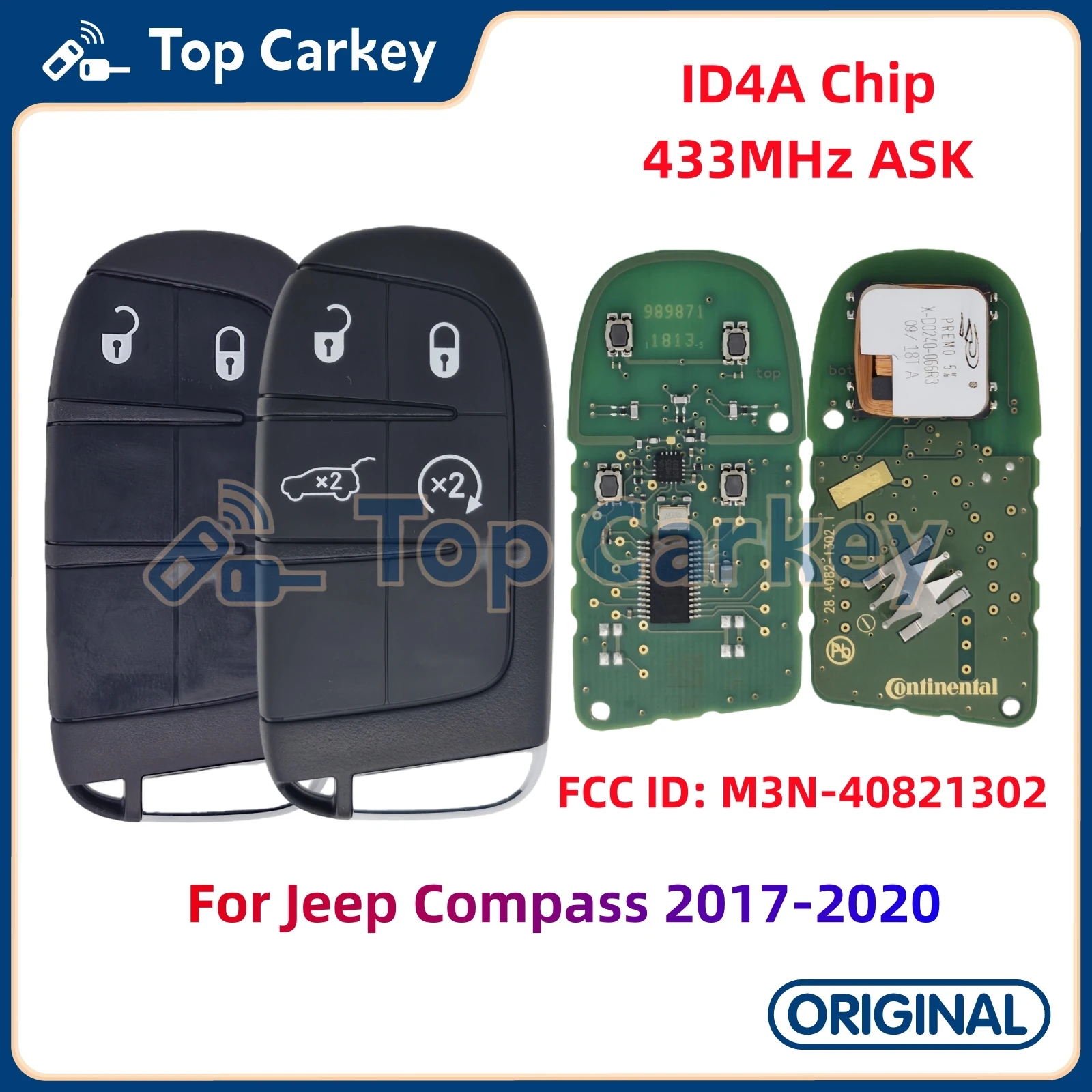 

TopCarkey FCC ID: M3N-40821302 Original Smart Remote Key ID4A PCF7953M Chip 433MHz for Jeep Compass 2017-2020