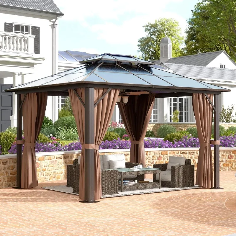 oneinmil 10'x12' Hardtop Gazebo with Netting and Curtains, Outdoor Gazebo with Aluminum Frame, Heavy Duty Double Roof