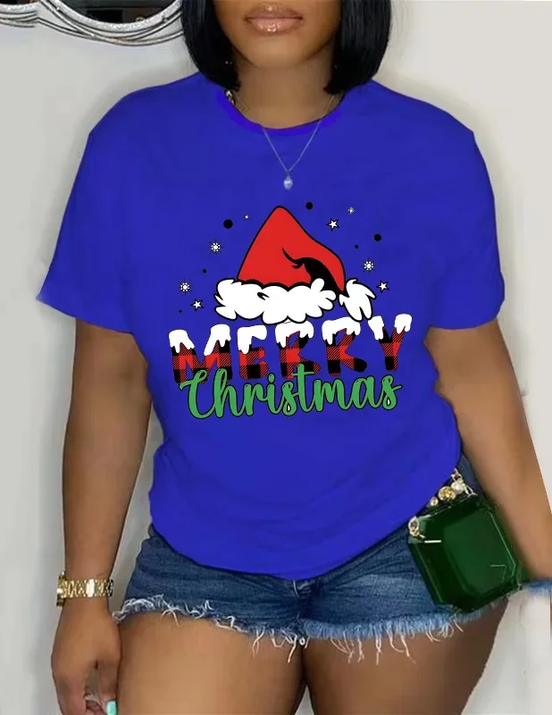 Artı Boyutu kadın T-shirt Yaz Rahat Kısa Kollu Yuvarlak Boyun Baskılı Grafik Noel Şapka Mektup MERRY Artı Boyutu T-shirt