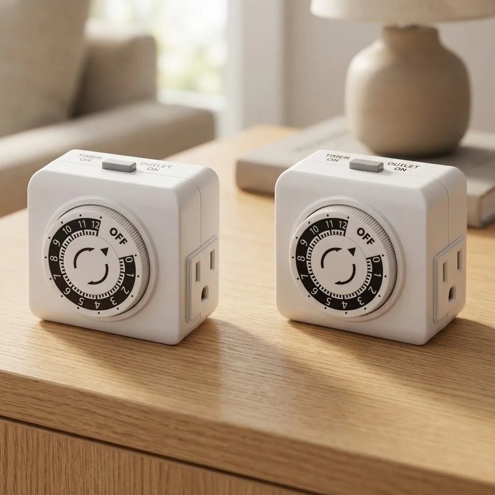 2 Pack 24 Hour Indoor Mechanical Timer Socket with Dual Outlets for Home Office For Kitchen Lighting Automation