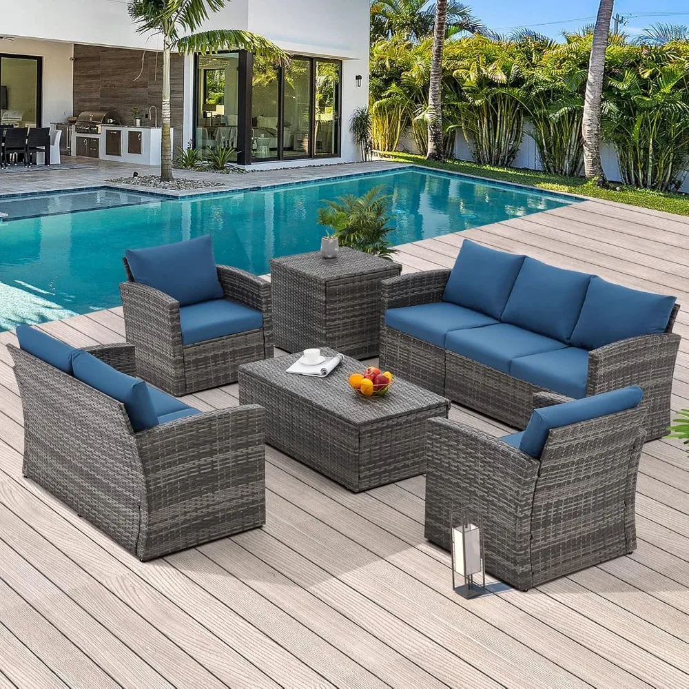 

7 Piece Patio Furniture Set with Two Storage Boxes, Outdoor Rattan Set, Wicker Sectional Sofa Outdoor Furniture for Garden