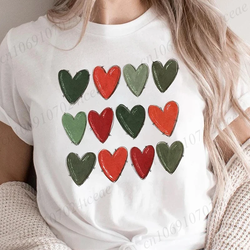 

Women's Christmas Heart Graphic Print T-Shirt Funny Christmas Printed Short Sleeve T Shirt Clothing Top Tee Ladies Girls Shirt