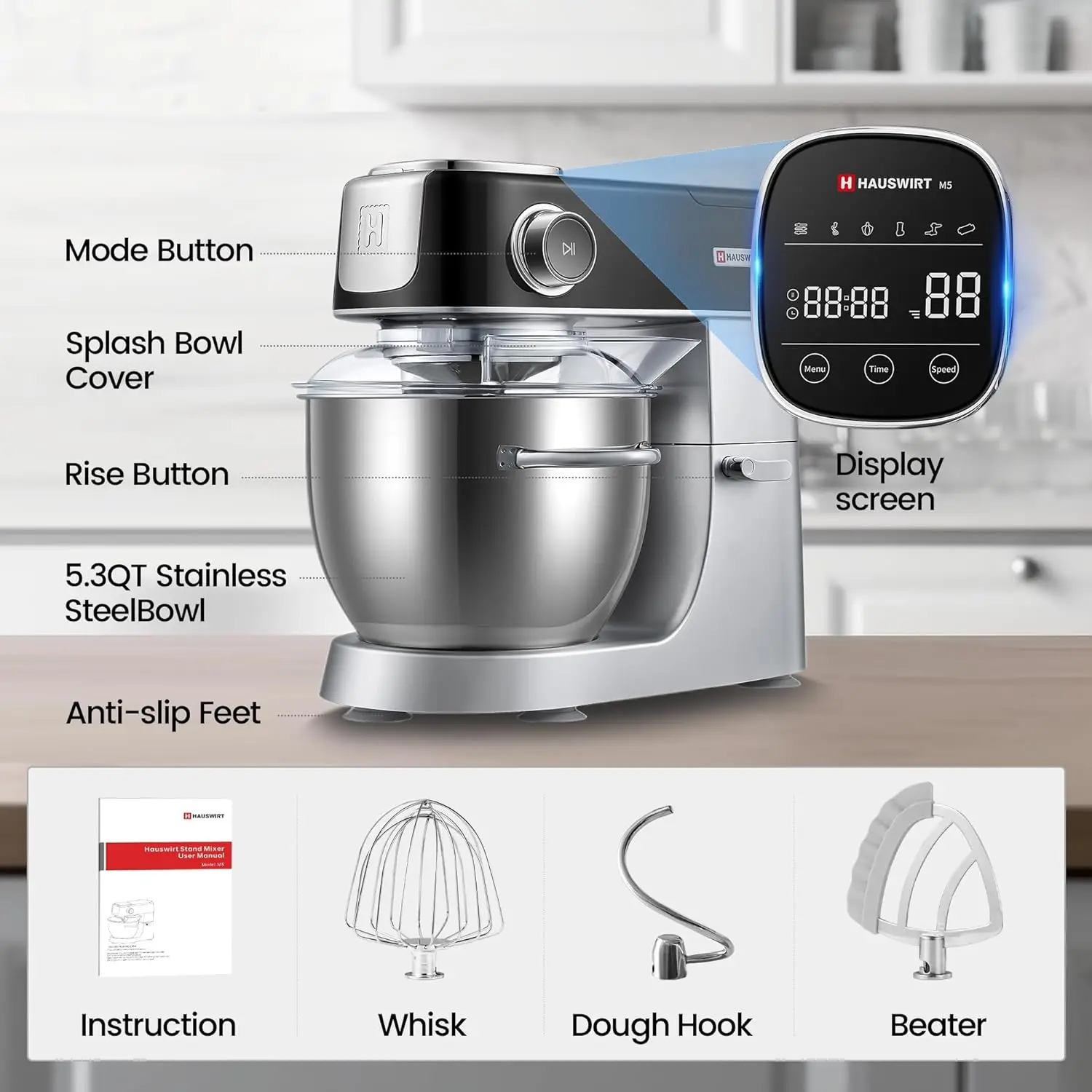 Hauswirt High-End Smart Stand Mixer M5, Led Touchscreen Mixers Keuken Elektrische Standaard Mixer Met 5 Vooraf Ingestelde Menu 'S Zwart