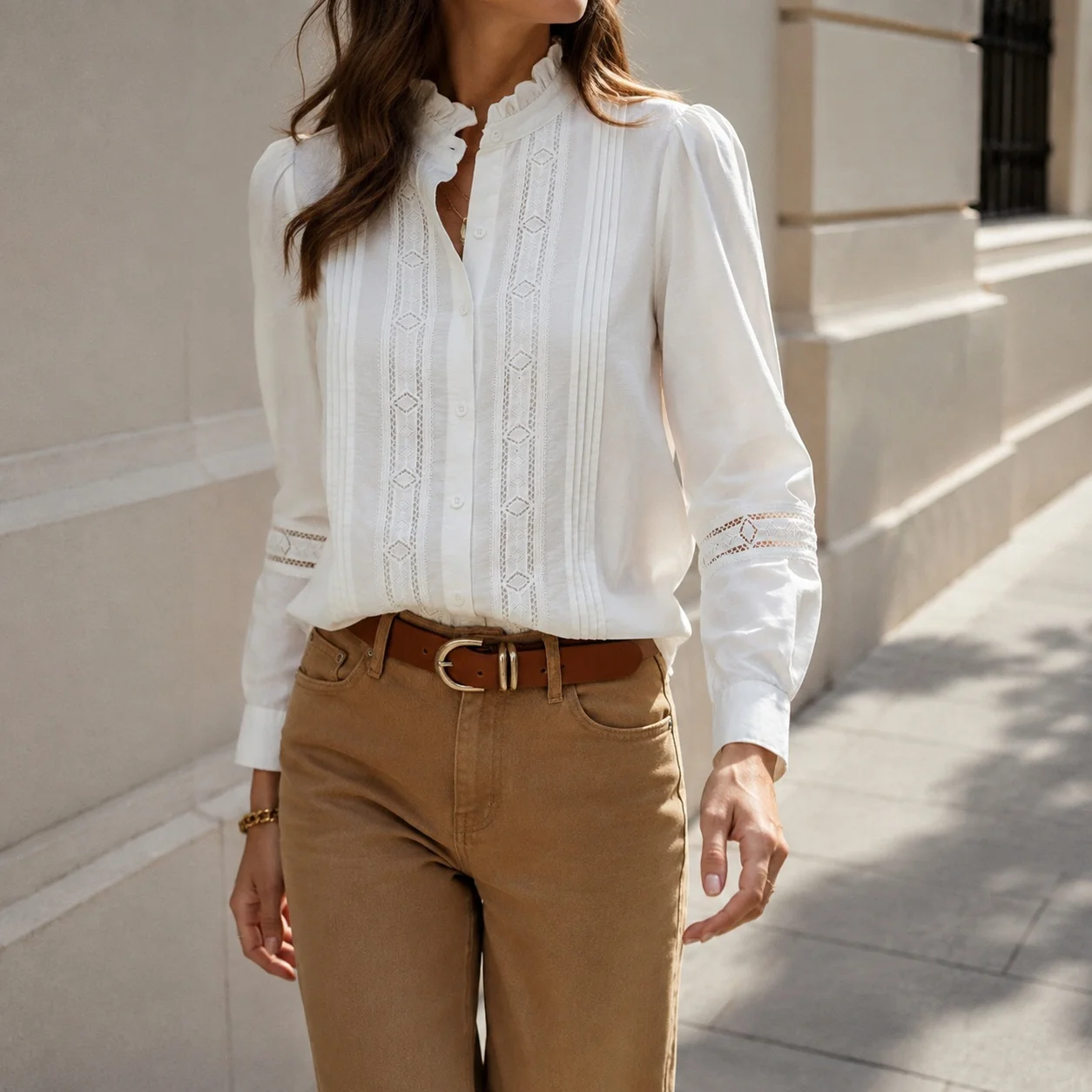 Long Sleeve Ruffle Shirt Regular Length Elegant with Patchwork Pull on Vintage Bohemian No Stretch Autumn Loose Fit Women Shirt