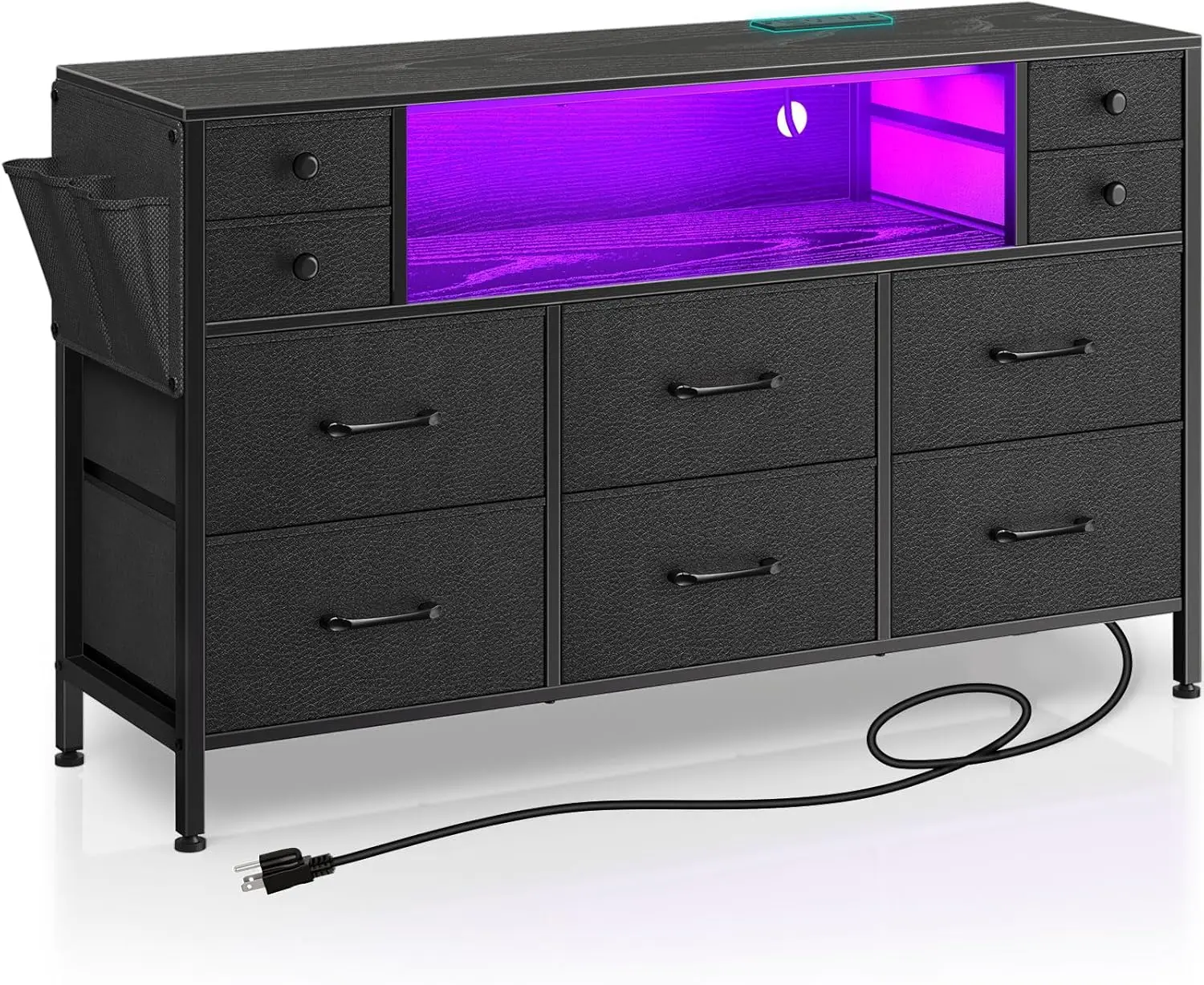 

Dresser for Bedroom with LED Lights and Power Outlets, 55" TV Stand with 10 Drawers, Fabric Chest of Drawers with Side