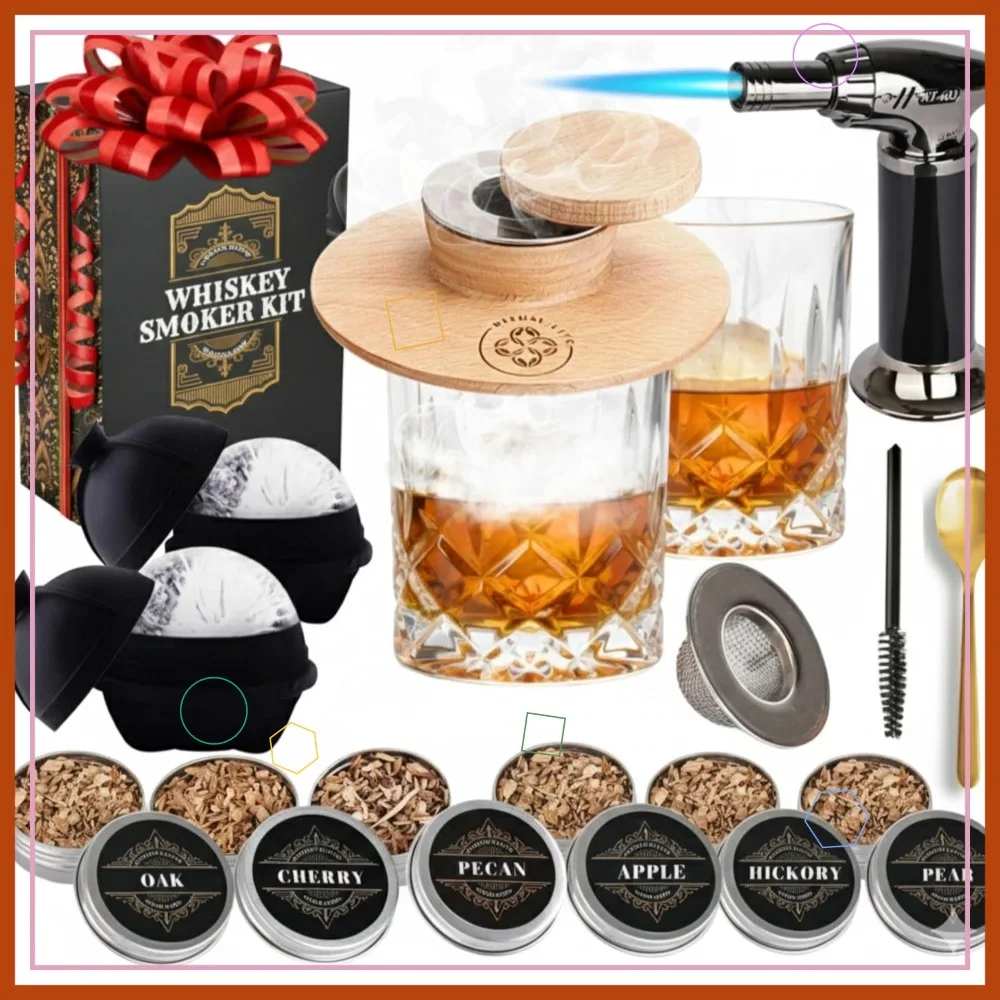 

Набор для копчения виски с горелкой, стаканами, льдогенератором и древесной щепой - набор для копчения бурбона для мужчин