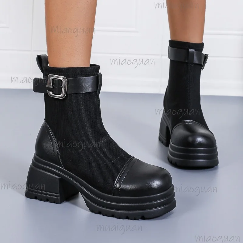 

Ботильоны на платформе размера плюс 36–43, осень 2023, ботильоны в британском стиле на массивном каблуке с пряжкой на ремне, женская модная кожаная обувь