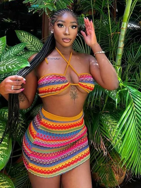 

Ele Weird Puss Wavy Print 2Piece Set Women Sexy Ethnoa Cleanfit Sle Polyester ort Sve Thin Non-deformable irt