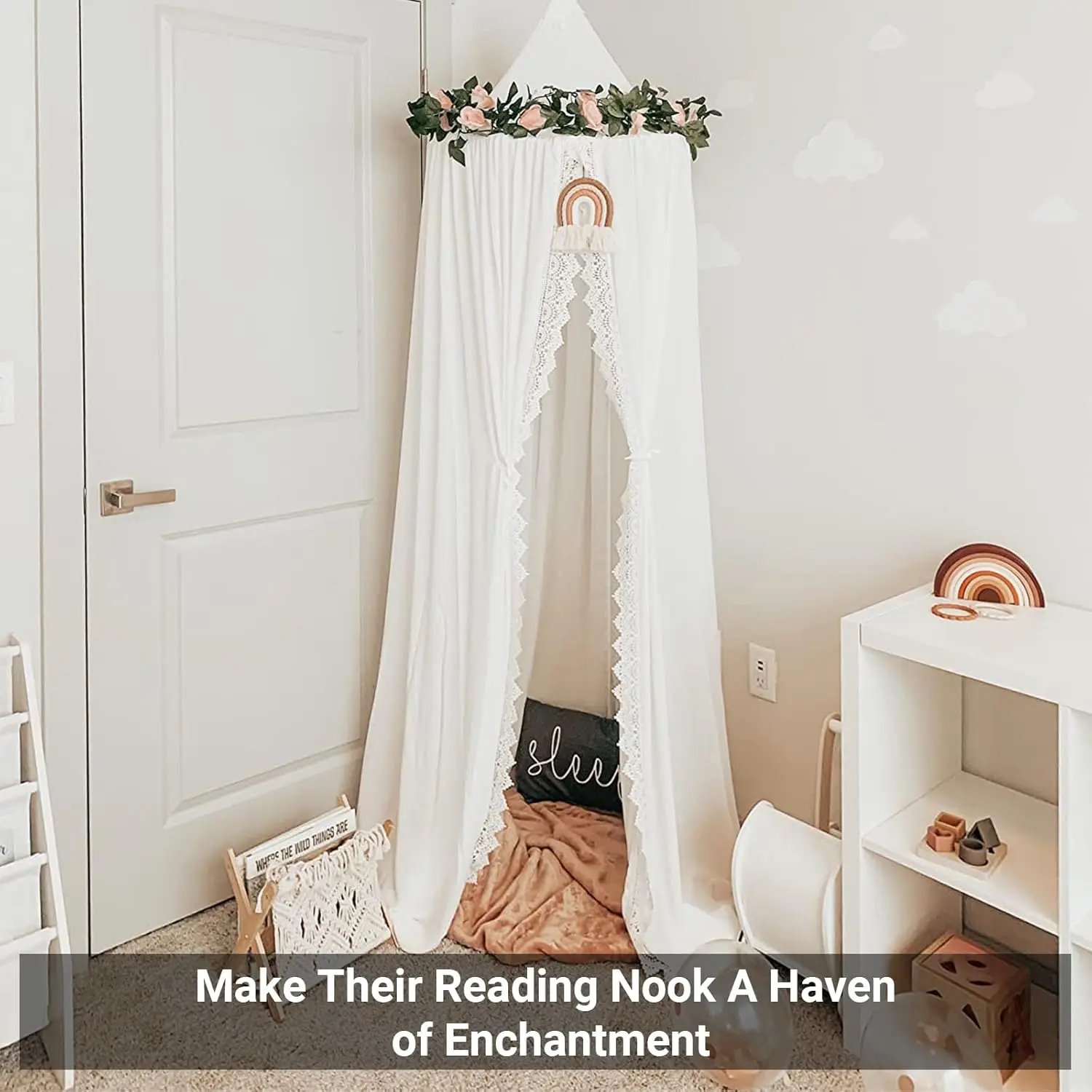 مظلة سرير للأطفال مع بوم بومس - ناموسية لسرير الأطفال، سرير مزدوج إلى كوين، ديكور حضانة أبيض #6