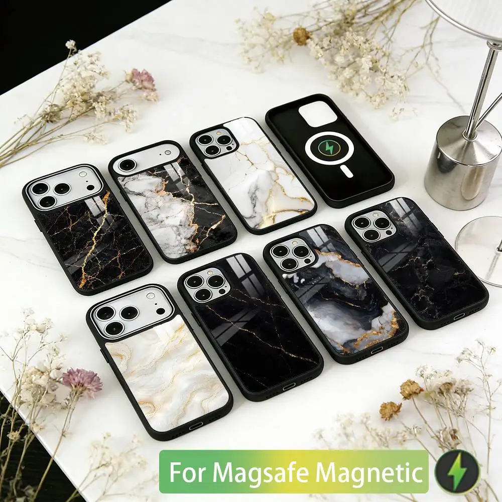 

B-Black Gold Marble Art Phone Case For iPhone17,16,15,14,13,12,11 Plus,Pro Magnetic with Magsafe Wireless Charging